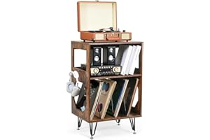 IKKLE Vintage Plattenspieler-Ständer, Beistelltisch Plattenspieler Regal mit Aufbewahrung Holz Plattenspieler-Tisch, Vinyl Holder mit Metallfüßen Fasst 160 Alben für Wohnzimmer Schlafzimmer Büro