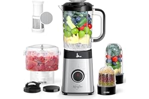 SANGCON-EP Sangcon Frullatori da Cucina e Robot da Cucina Combo, Frullatore 5 in 1 per Frullati e Carne Macinata, Controllo a 3 Velocità con Impulsi 500 W, con coperchio TO-Go, per Ghiaccio, Frutta, Carne
