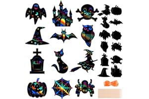 CHRORINE 24Pcs Halloween Theme Scratch Paper Kit 12 Styles Scratch Art Paper Pumpkin Bat Craft for Halloween Party Supplies