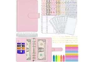 MARICATO Enveloppe Budget, A6 Classeur Budget, 6 Anneaux Classeur Budget Francais avec Dégager Poches Zippées, Feuilles de Budget, Étiquettes, Catégorie Autocollants, Stockage Cartes, Règle-Rose