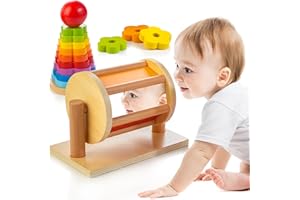 JUSTWOOD Montessori, Set di Giocattoli in Legno, Tamburo Spinning e Giocattoli impilabili per Bambini di 1-3 Anni, Giocattolo educativo per Bambini di 12 Mesi, Regali per Bambini di più di Un Anno