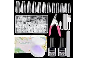 NINGESHOP 600 Piezas Uñas Postizas Transparentes, Nail Kit de Tips Uñas Gel,De Uñas Postizas Con Pegamento De Uñas 2 en 1 y Lámpara De Uñas Mini, Kit De Uñas De Acrílico Para Principiantes, Kit Uñas