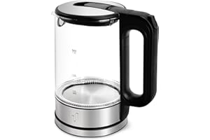 ‎IMPOLIO Impolio Classic Wasserkocher Glas, Wasserkocher 1,7L, Wasserkocher Edelstahl mit LED Beleuchtung, Wasserkocher klein mit Wasserstandsanzeige (Transparent)