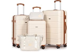 H.YEED Luggage Sets of 5 Piece, Lightweight Trolley Travel Suitcase Set ABS Hard Shell with 4 Spinner Wheels TSA Lock for Man Women, 21" + 24" + 28"+ Duffels Bag & Toiletry Bag (White, 5 Piece Set)