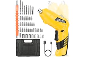 NUZEKY Wkrętarka akumulatorowa mała – 3,6 V mini wkrętak elektryczny z akumulatorem, składany o 90°, zestaw 47 akcesoriów, 2-kierunkowy obrót, światło LED, walizka, kabel USB do ładowania