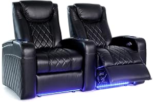 Octane Seating Azure LHR Home Theater Seats - Black Top Grain Leather - Power Recline - Motorized Lumbar & Headrest - Lighted Cup Holders - Straight Row 2