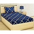 DECOMIZER 300 TC Cotton Feel Glace Cotton Elastic Fitted All Around Printed Full Length Single Bed Bedsheet with 1 Pillow Cover Fits Upto 6 inches Mattress,Size- 42x75x8 Inches,BlueWhite Lines