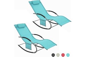 SoBuy Set of 2 Sun Lounger Garden Chair Recliner with Cushioned Pillow & Side Pocket Garden Rocking Chair with Steel Frame Outdoor Furniture Blue OGS28-HBx2