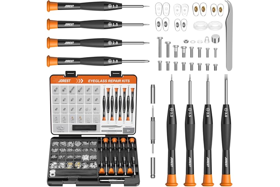 JOREST Eyeglass Repairing Kit, Eyeglass Repair Tool Kit Including Small Screws, Nose Pads, Tweezer, Cleaning Cloth and Precision Screwdrivers Suitable for Eyeglasses, Sunglasses, and Rimless Glasses