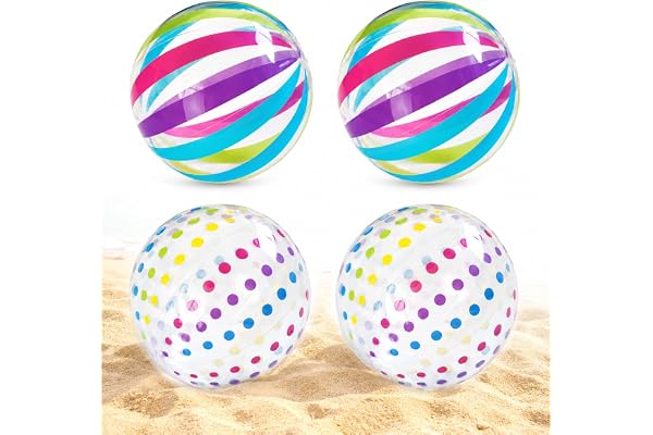 ZhouWei 4 st färgglada randiga strandbollar, diameter 28 cm | Blås upp leksaker strand bollar färgglada ränder och prickar bärbara för fester pool och spel