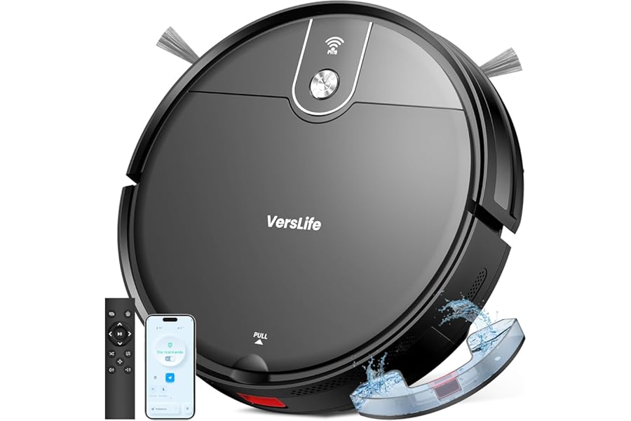 VersLife L6 Robot Vacuum Cleaner and Floor Scrubber 2 in 1, 4000Pa, 120 Minutes Autonomy, App Control, Remote Control and Alexa, Quiet, Self-Charging, for Hard Floors, Carpets and Animal Hair