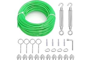 hannger M6 Turnbuckles for Cables Wire, 5MM Green PVC Coated Wire Rope Kit, Multi-use Steel Cable for Grape Vines/Clothes Line Outdoors for T Post/String Light Hanging/Garden Wire