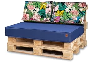 Bielik Palettenkissen 120 x 80 Set für Palettenmöbel | Wasserdicht Europaletten Sitzkissen | Palettensofa komplett besteht aus 3 Teilen in Farbe: Dunkelblau + Blumen