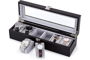 ‎MEERVEIL Mondeer Uhrenbox, Uhrenkasten für 6 Uhren mit Glasfenster, 34.5 x 11 x 8.5cm, Kunstleder und Samt-Innenfutter Watch Box mit Silbernem Metallverschluss, Schwarz