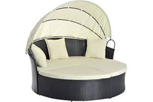 ‎OUTSUNNY Outsunny Polyrattan Sonneninsel mit faltbarem Sonnendach Lounge Sonnenliege Gartenliege Garnitur Gartenset Creme 171 x 180 x 155 cm