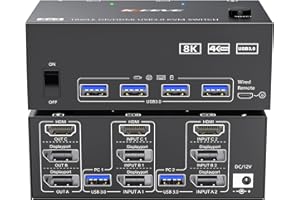 Przełącznik KVM 2 Komputery 3 Monitory 8K@60Hz 4K@144Hz, MLEEDA HDMI + DP 3 Monitor KVM Switch 2 Computers Udostępnij 3 Monitors i 4 Porty USB 3.0, z Adapter Zasilania, Przewodowy Pilot i 5 Kable