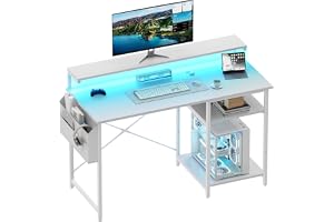 HLONONE Skrivbord med LED, 2 Hyllor & 2 Uttag, 100 x 48 cm, Vitt
