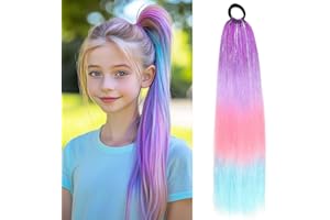 JIAMEISI Rainbow Ponytail Hair Extension 26 Inch 100g Synthetic with Hair Tie for Braiding - Colorful Ombre Mermaid Hair, X418 (Purple/Pink/Blue)