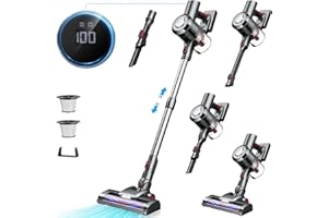 KLiHD Akku Staubsauger Kabellos: 450W/38000Pa mit LED Display Bis zu 55Mins Laufzeit Anti-Tangle-Staubsauger Stielstaubsauger für Tierhaare Hartböden Teppich