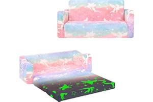 alldomess Convertible Sofa para Niños 2 en 1, Plegable Sofa Infantil Brilla en la Oscuridad para Niñas y Niños, Estable Silla Niño 2 Plazas para Dormitorio Sala de Juegos,Unicornios