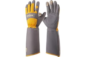 COOLJOB Gardening Gloves for Women and Men, Thorn Resistant Heavy Duty Garden Gloves, Long Sleeve Forearm Protection Ladies, Synthetic Leather Gauntlets for Pruning, Orange & Grey (1 Pair, Size S-M)