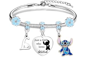 TENVAVA Stitch Gifts for Her Just A Girl Who Loves Stitch Silver Pendant Bracelet with Initial Letter for Women Girls Birthday Christmas Stitch Jewellery Stuff Gifts for Stitch Lover Stitch Fans