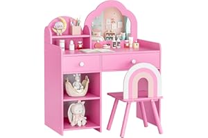 MAMIZO Schminktisch Kinder Set, Wolkenförmiger Kinderschminktisch mit Spiegel, Hocker, Schubladen und Aufbewahrungsschränken, Prinzessin Frisiertisch aus Holz, 73,5x40x90,5cm, Rosa