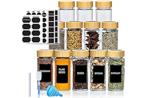 Hoidokly Barattoli Spezie con Coperchi in Bambù [12 x 120 ml],Set di Contenitori per Spezie con Etichetta per Spezie e Inserto Spruzzatore,Penna per Scrivere,Imbuto,Spazzola per la Pulizia