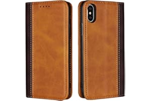 Copmob Schutzhülle für iPhone X/XS, Flip Wallet Case aus Leder, [3 Schlitze] [Standfunktion] [Magnetverschluss], Klappschutzhülle für iPhone X/XS – Gelb + Braun