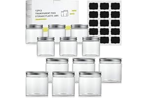 LSAIFATER 12 barattoli piccoli in plastica trasparente senza BPA, con tappo a vite in alluminio, contenitori per slime (6 pezzi da 350 ml, 6 pezzi da 150 ml, 15 etichette nere a lavagna)