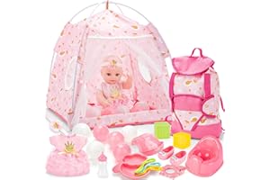 deAO Set de Muñeca Bebé de 30 cm con Ropa y Accesorios: Portabebés, Bolsa de Almacenamiento, Pelotas, Juguetes de Tienda de Campaña, Juego de Simulación. Regalo de Cumpleaños para Niñas de 3 Años