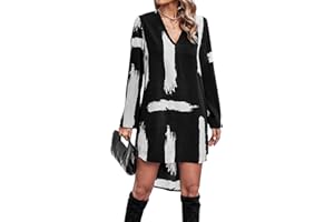 GORGLITTER Women's Graphic Print Long Sleeve Shirt Dress High Low Hem V Neck Short Dress