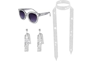 BAANFLY 4 Pack 1970s Disco Accessories,Disco Costume Set with Round Frame Bling Sunglasses,Long Scarf and Earrings Lady Disco Fancy Dress Kit for Women Girls Retro 70/80s Theme Party Hippie Costume Silver
