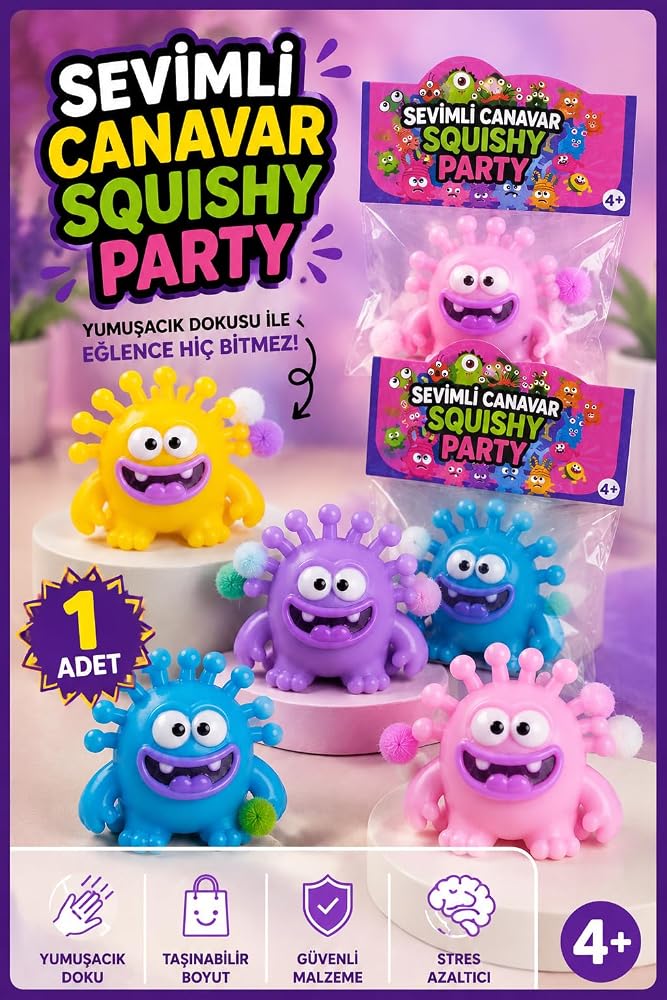 SEVİMLİ CANAVAR SQUISHY PARTY SIKMALI YUMUŞAK STRES OYUNCAĞI SUKUŞİ OYUNCAK 1 ADET