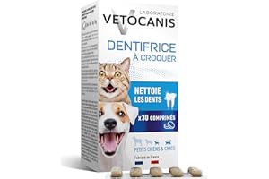 Vetocanis - Dentifricio per cani e gatti da masticare - Prodotto per la pulizia denti cane e gatto - Contro tartaro denti animali - Per cani e gatti di piccola taglia - Gusto Pollo - 30 pasticche