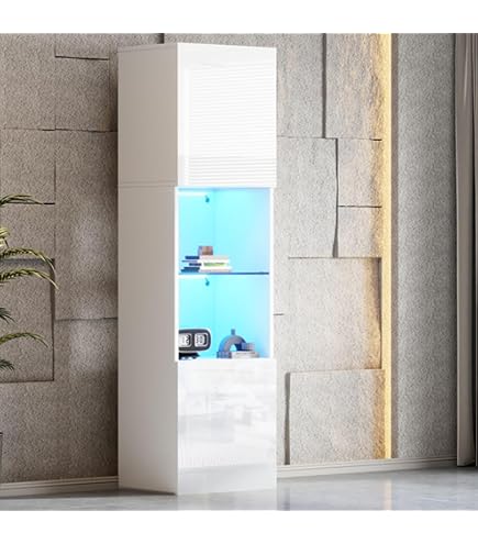 KOMHTOM Vitrine En Verre LED Avec Capteur – Meuble Hauteur 165 Cm – Portes Push-to-Open – Éclairage 3 Couleurs – Blanc