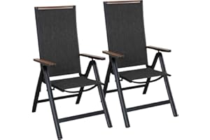 Grand patio folding chair, Aluminium garden chairs set of 2 with Armrest & Mesh breathable Seat, Adjustable 6 Position High Backrest, foldable dining chair for Outdoor, Garden, Dining room (Black)