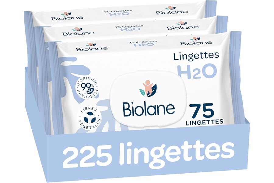 BIOLANE - Lingettes bébé à l'eau - 225 Lingettes - Lot de 3x75 | Nettoyage doux et efficace, Sans Rinçage, Capot refermable, 