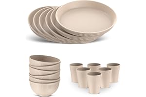 HOMGEN 18PCS Plastic Plates and Bowls Set - Unbreakable Tableware Set - Reusable Plates Bowls Cups - Microwave & Dishwasher Safe Dinner Sets - Picnic Dinnerware Service for 6