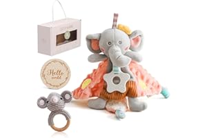 Youuys 6 Pezzi Regalo Set per Neonato, Regalo per Bambino e Bambina, Asciugamano da Bagno, Sonaglio, Giocattolo in Legno, Cartoline, Calzini, Spazzola, Baby Shower (Elefante-1)