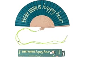 Fisura – Ventaglio in legno originale con messaggio “happy hour”. Accessorio moderno e colorato, ventaglio portatile verde con gancio incluso. Dimensioni: 42,5 x 23 cm