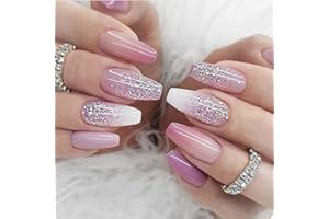 AGASAR 24pcs Coffin False Nails Medium Length, Purple Ombre Stick on Nails Pink Glitter Press on Nails Removable Glue-on Nails Fake Nails Acrylic Full Cover Nails Women Girls Nail Art Accessories