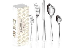 E-GREETSHOPPING 30 teilig Besteck Set, Essbesteck aus Edelstahl für 6 Personen, Silber Spiegel Poliert Besteck Set Spülmaschinenfest, Besteck mit Steakmesser, Gabel, Löffel, für Party, Restaurant, Camping