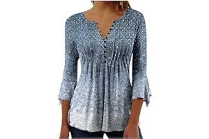 SUSENSTONE Chemisier Femme Chic et Élégant Manches 3/4 Tshirt Imprimé Plissé Henley Tshirt Col V Blouse Mousseline de Soie Boheme Haut Manche Courte Tunique Été Plage Travail Tunique Top