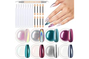 Modelones 8 Polvere Unghie Effetto Camaleonte Perla Argento Verde Viola,Polvere Cromata per Unghie Polvere Effetto Specchio per Unghie Set 25PCS Chrome Powder Nails Nail Art Glitter Unghie