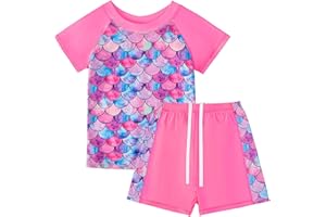 WYTBABY Kostium kąpielowy dziewczęcy, 2-częściowy, kostium kąpielowy z promieniowaniem UV, krótkie rękawy, nadruk z materiału, koszulka z nadrukiem UV, dla dziewczynek w wieku 9-10 lat