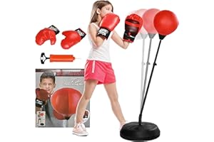 AIYAPLAY Saco de Boxeo para Niños de +5 Años Kit de Boxeo para Niños con Guantes de Boxeo Altura Ajustable de 122,5-147 cm y Base Rellenable Rojo
