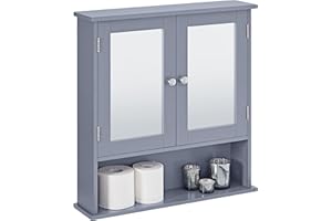 Yaheetech Bathroom Mirror Cabinet Wall-Mounted Storage Cabinet Modern Toilet Cupboard Storage Unit with Double Mirror Doors Adjustable Shelf, Grey, 13cm x 56cm x 58cm