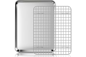 Fire More Teglia da Forno con Griglia di Raffreddamento Rimovibile in Acciaio Inox,Set da 2 Pezzi(31,5x24,5x2,5cm),Lucida e Antiruggine, Atossica e Sana, Lavabile in Lavastoviglie