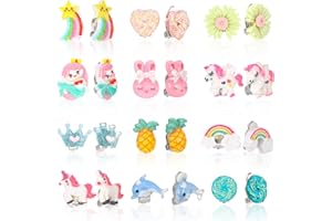 Bestomrogh 12 Pairs Kids Clip On Earrings for Girls, Cute Unicorn, Flower, Heart, Rainbow Jewelry Dress Up Set, No Pierced Play Earrings for Kids